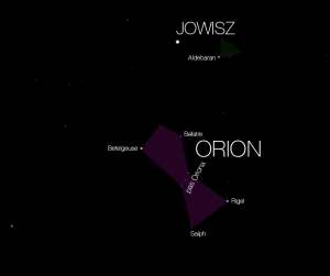 Gwiazdozbiór Oriona na niebie w październiku 2012, z każdym kolejnym rokiem Jowisz będzie się przesuwał bardziej w lewo.